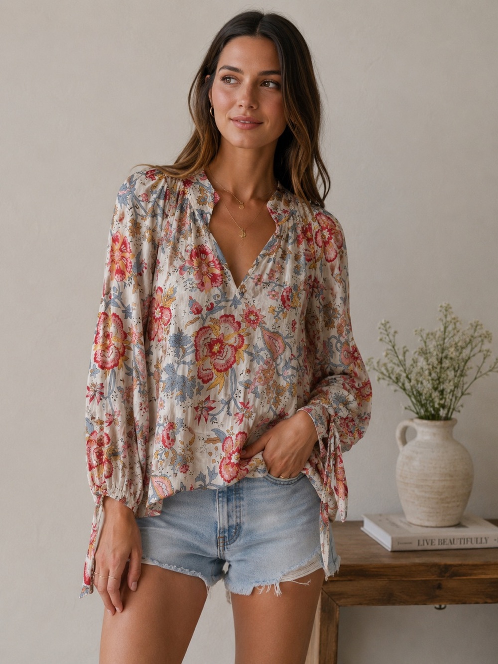 Nicole Miller New York Print Boho Peasant Blouse - Size M
